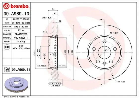 DISC FRANA BREMBO 09.A969.10 - Compatibil cu CHEVROLET, OPEL, SAAB, VAUXHALL