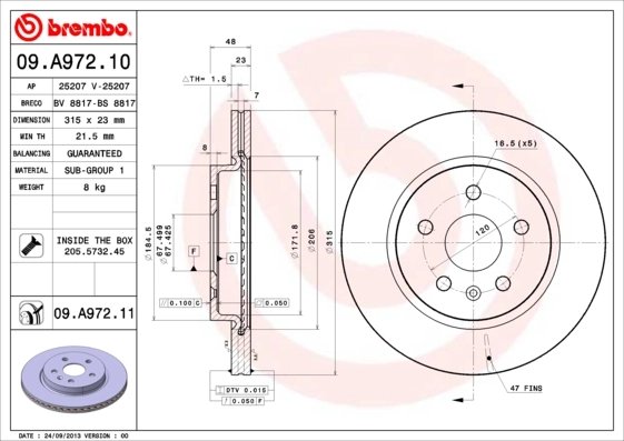 DISC FRANA BREMBO 09.A972.11 - Compatibil cu BUICK (SGM), CADILLAC (SGM), CHEVROLET, CHEVROLET (SGM), OPEL, ROEWE (SAIC), SAAB, 