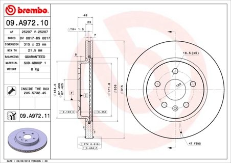 DISC FRANA BREMBO 09.A972.11 - Compatibil cu BUICK (SGM), CADILLAC (SGM), CHEVROLET, CHEVROLET (SGM), OPEL, ROEWE (SAIC), SAAB, 