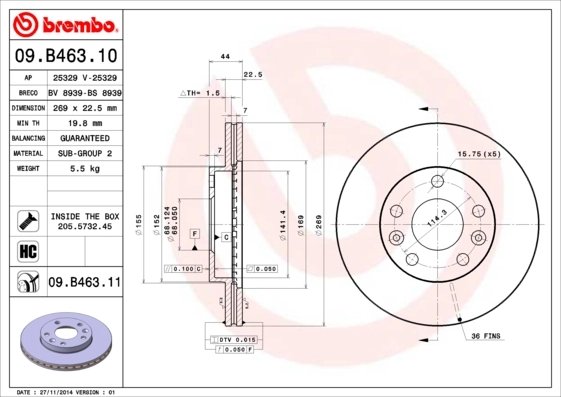 DISC FRANA BREMBO 09.B463.11 - Compatibil cu DACIA, NISSAN, RENAULT