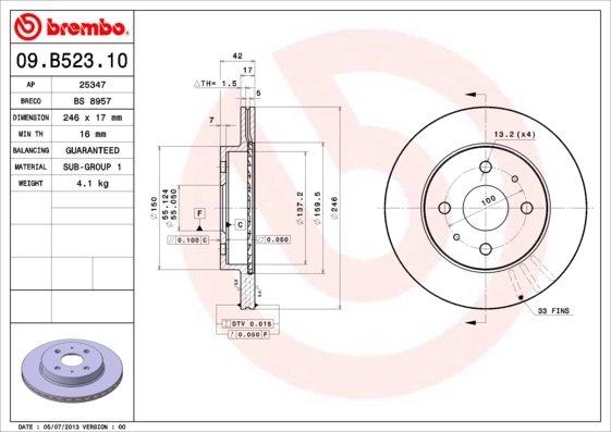 DISC FRANA BREMBO 09.B523.10 - Compatibil cu DAIHATSU, SUBARU, TOYOTA