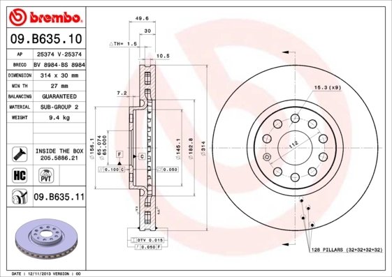 DISC FRANA BREMBO 09.B635.11 - Compatibil cu AUDI (FAW), SEAT, SKODA, SKODA (SVW), VW, VW (FAW), VW (SVW)