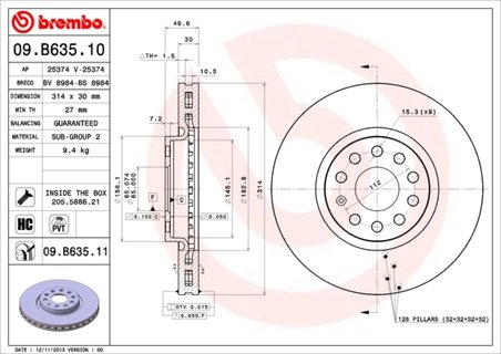DISC FRANA BREMBO 09.B635.11 - Compatibil cu AUDI (FAW), SEAT, SKODA, SKODA (SVW), VW, VW (FAW), VW (SVW)