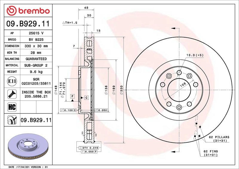 DISC FRANA BREMBO 09.B929.11 - Compatibil cu CITROEN, CITROEN (DF-PSA), DS, DS (CAPSA), OPEL, PEUGEOT, PEUGEOT (DF-PSA), VAUXHAL