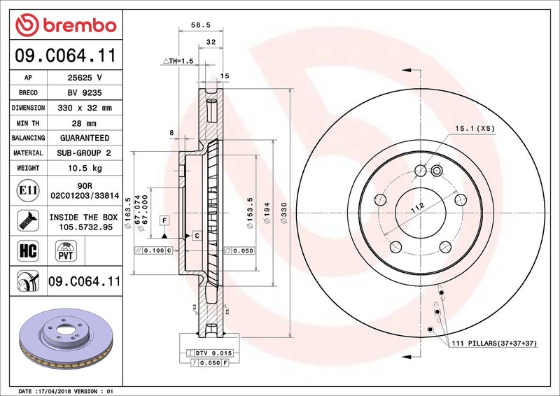 DISC FRANA BREMBO 09.C064.11 - Compatibil cu MERCEDES-BENZ, MERCEDES-BENZ (FJDA)