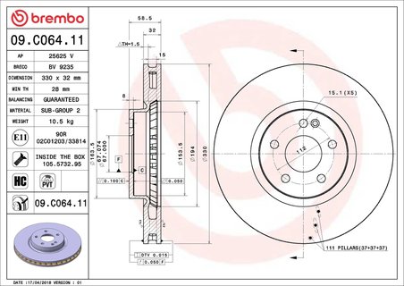 DISC FRANA BREMBO 09.C064.11 - Compatibil cu MERCEDES-BENZ, MERCEDES-BENZ (FJDA)