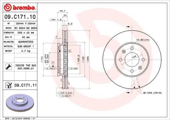 DISC FRANA BREMBO 09.C171.11 - Compatibil cu HYUNDAI, HYUNDAI (BEIJING), KIA, KIA (DYK)