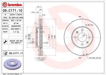 DISC FRANA BREMBO 09.C171.11 - Compatibil cu HYUNDAI, HYUNDAI (BEIJING), KIA, KIA (DYK)