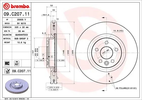 DISC FRANA BREMBO 09.C207.11 - Compatibil cu LAND ROVER, LAND ROVER (CHERY)