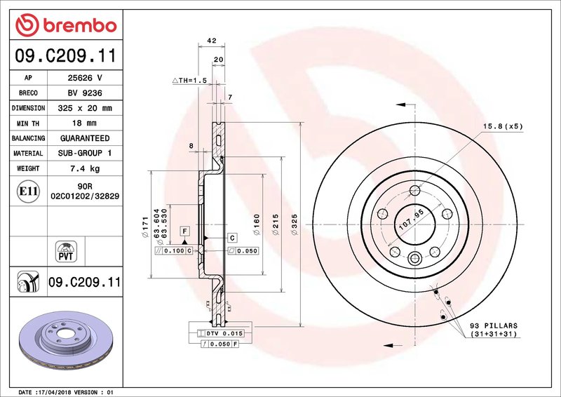 DISC FRANA BREMBO 09.C209.11 - Compatibil cu JAGUAR, LAND ROVER