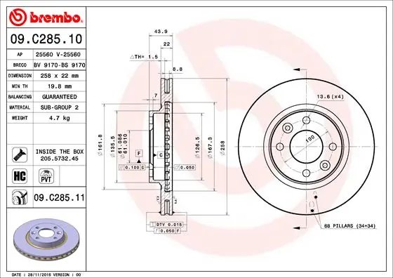 DISC FRANA BREMBO 09.C285.11 - Compatibil cu DACIA, RENAULT, SMART