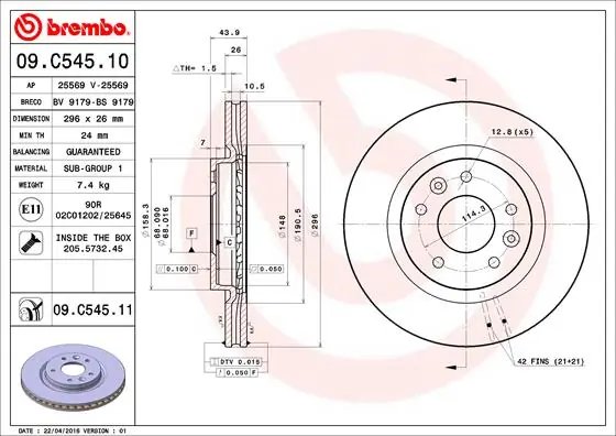 DISC FRANA BREMBO 09.C545.11 - Compatibil cu NISSAN, NISSAN (DFAC), RENAULT, RENAULT (DFAC)