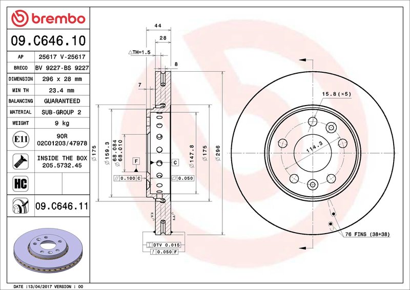 DISC FRANA BREMBO 09.C646.11 - Compatibil cu FIAT, NISSAN, OPEL, RENAULT, VAUXHALL