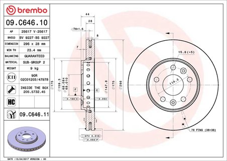 DISC FRANA BREMBO 09.C646.11 - Compatibil cu FIAT, NISSAN, OPEL, RENAULT, VAUXHALL