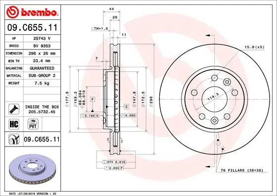DISC FRANA BREMBO 09.C655.11 - Compatibil cu ALPINE, MERCEDES-BENZ, NISSAN, RENAULT