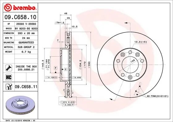 DISC FRANA BREMBO 09.C658.11 - Compatibil cu CITROEN, OPEL, PEUGEOT, PEUGEOT (DF-PSA), VAUXHALL