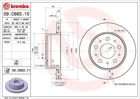 DISC FRANA BREMBO 09.C663.11 - Compatibil cu CITROEN, FIAT, OPEL, PEUGEOT, VAUXHALL