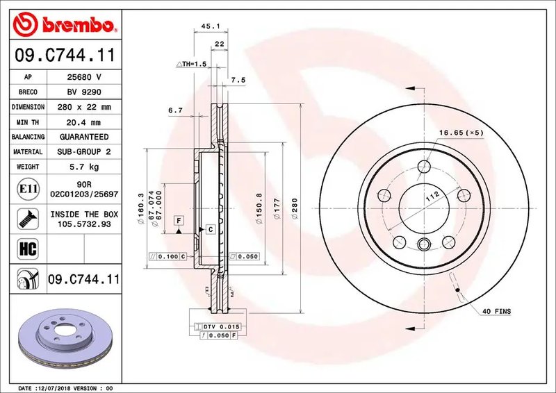 DISC FRANA BREMBO 09.C744.11 - Compatibil cu BMW, MINI