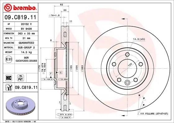 DISC FRANA BREMBO 09.C819.11 - Compatibil cu LAND ROVER