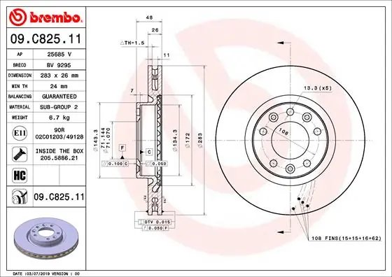DISC FRANA BREMBO 09.C825.11 - Compatibil cu CITROEN, OPEL, PEUGEOT, VAUXHALL