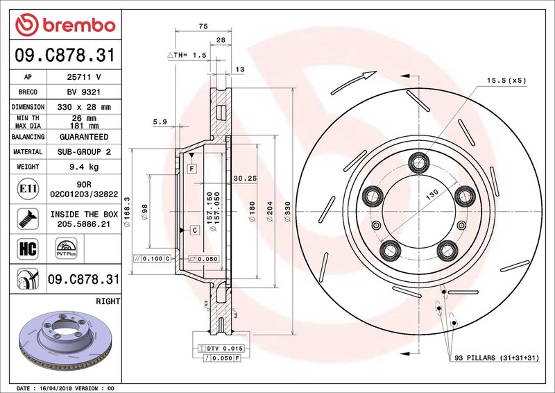 DISC FRANA BREMBO 09.C878.31 - Compatibil cu PORSCHE