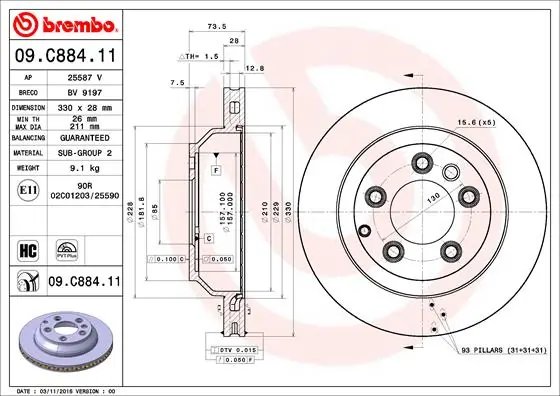 DISC FRANA BREMBO 09.C884.11 - Compatibil cu AUDI, PORSCHE, VW