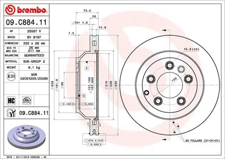 DISC FRANA BREMBO 09.C884.11 - Compatibil cu AUDI, PORSCHE, VW