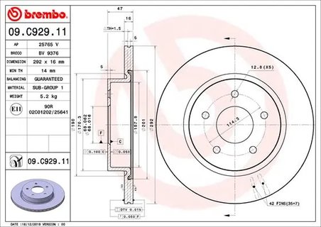 DISC FRANA BREMBO 09.C929.11 - Compatibil cu NISSAN, NISSAN (DFAC), RENAULT, RENAULT (DFAC)