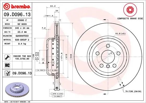 DISC FRANA BREMBO 09.D096.13 - Compatibil cu BMW, BMW (BRILLIANCE), TOYOTA