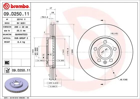 DISC FRANA BREMBO 09.D250.11 - Compatibil cu VOLVO, VOLVO ASIA