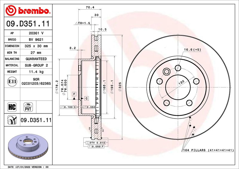 DISC FRANA BREMBO 09.D351.11 - Compatibil cu MAN, VW