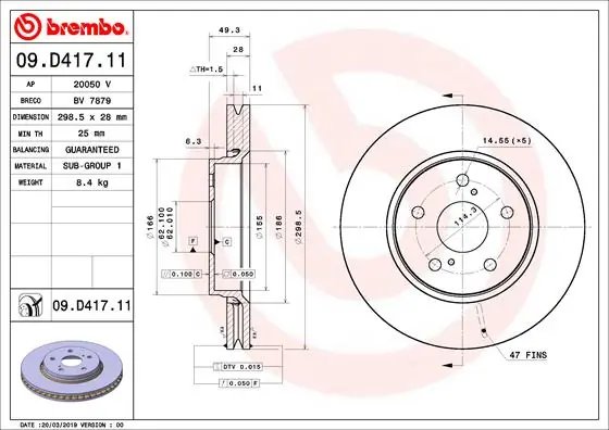DISC FRANA BREMBO 09.D417.11 - Compatibil cu TOYOTA