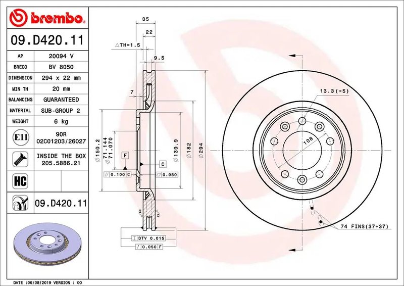 DISC FRANA BREMBO 09.D420.11 - Compatibil cu CITROEN, OPEL, PEUGEOT, TOYOTA, VAUXHALL
