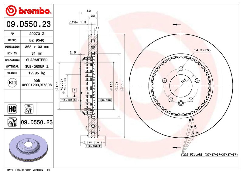 DISC FRANA BREMBO 09.D550.23 - Compatibil cu LAND ROVER
