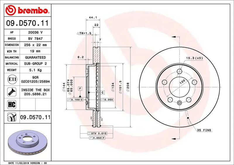 DISC FRANA BREMBO 09.D570.11 - Compatibil cu AUDI, SEAT, SKODA, VW