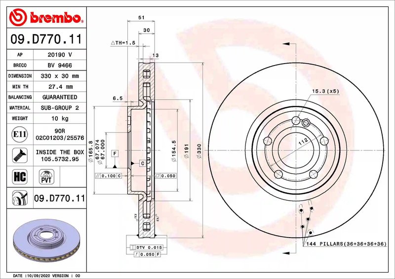 DISC FRANA BREMBO 09.D770.11 - Compatibil cu MERCEDES-BENZ, MERCEDES-BENZ (BBDC)