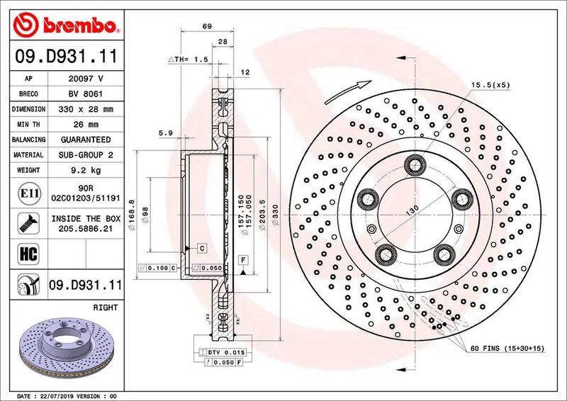 DISC FRANA BREMBO 09.D931.11 - Compatibil cu PORSCHE