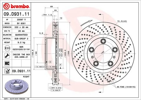 DISC FRANA BREMBO 09.D931.11 - Compatibil cu PORSCHE