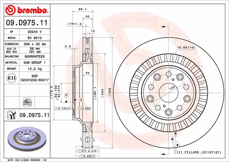 DISC FRANA BREMBO 09.D975.11 - Compatibil cu LEXUS