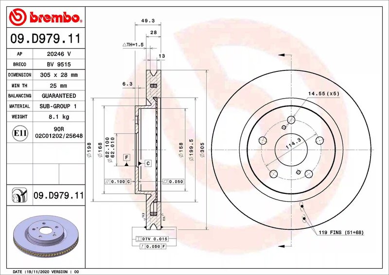 DISC FRANA BREMBO 09.D979.11 - Compatibil cu LEXUS, TOYOTA, TOYOTA (FAW), TOYOTA (GAC)