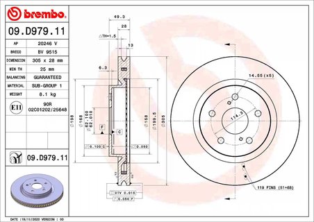 DISC FRANA BREMBO 09.D979.11 - Compatibil cu LEXUS, TOYOTA, TOYOTA (FAW), TOYOTA (GAC)