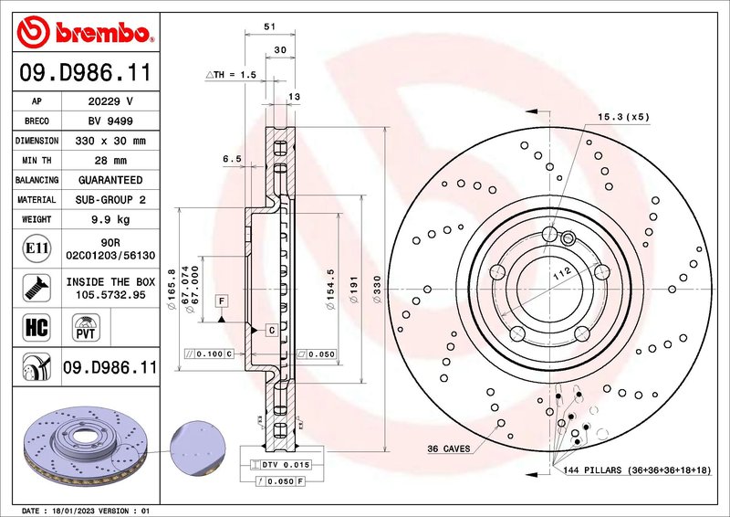 DISC FRANA BREMBO 09.D986.11 - Compatibil cu MERCEDES-BENZ, MERCEDES-BENZ (BBDC)