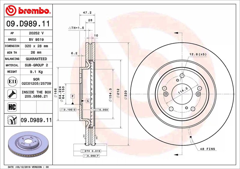 DISC FRANA BREMBO 09.D989.11 - Compatibil cu HONDA