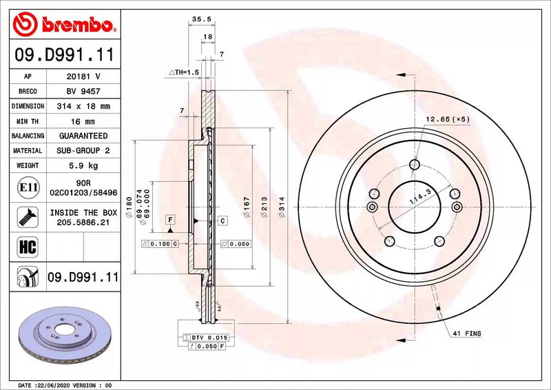 DISC FRANA BREMBO 09.D991.11 - Compatibil cu HYUNDAI