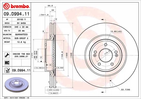 DISC FRANA BREMBO 09.D994.11 - Compatibil cu GENESIS, KIA