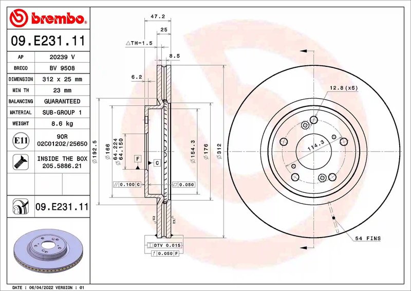 DISC FRANA BREMBO 09.E231.11 - Compatibil cu ACURA (GAC), HONDA, HONDA (DONGFENG), HONDA (GAC)