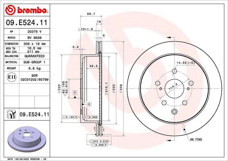 DISC FRANA BREMBO 09.E524.11 - Compatibil cu LEXUS
