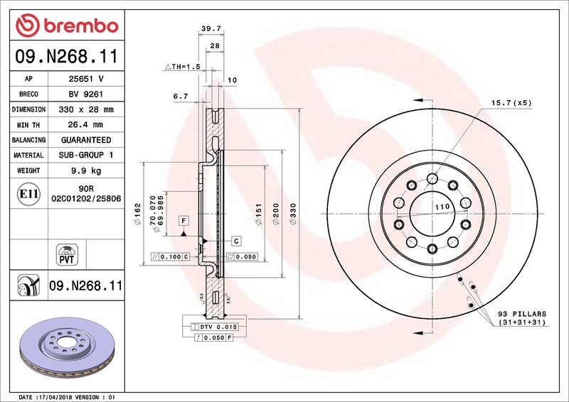 DISC FRANA BREMBO 09.N268.11 - Compatibil cu CHRYSLER, JEEP, JEEP (GAC FCA)