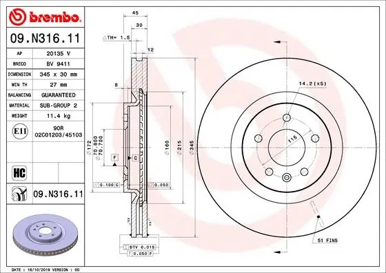 DISC FRANA BREMBO 09.N316.11 - Compatibil cu BUICK (SGM), OPEL, VAUXHALL