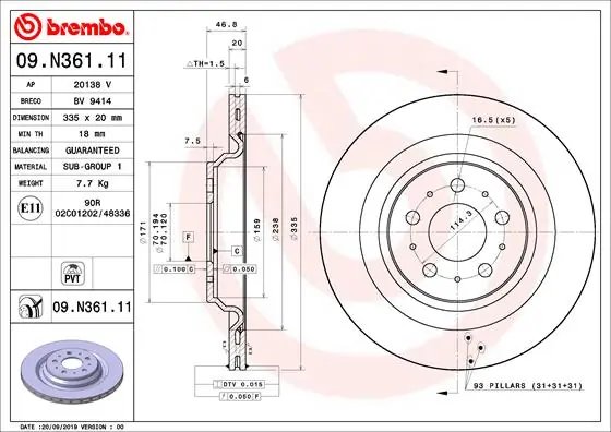 DISC FRANA BREMBO 09.N361.11 - Compatibil cu TESLA